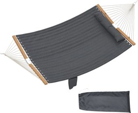 Outsunny kétszemélyes steppelt kültéri függőágy fejpárnával, újságtartóval és bükkfa szétfeszítőrudakkal, 200 x 140 cm — szürke | Aosom