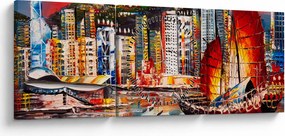 Kép - Victoria Harbour, Hong Kong, olajfestmény (órával) (90x30 cm)