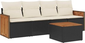 vidaXL 5 részes fekete polyrattan kerti kanapészett párnákkal
