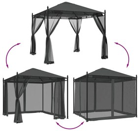 antracitszürke acél pavilon hálós oldalakkal 2,93 x 2,93 m
