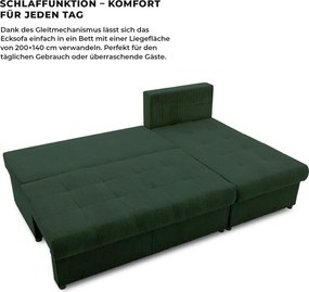 Venezia sarokkanapé, kordbársony, univerzális oldal, hab töltet, zöld