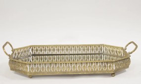 Szögletes óarany fém tálca fogantyúval, tükrös tálcalappal 10x56x33cm