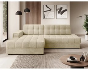 Világosbarna bársony kinyitható sarokkanapé (bal oldali-heverő résszel) Blezalt – ELTAP