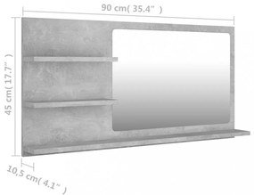 betonszürke szerelt fa fürdőszobai tükör 90 x 10,5 x 45 cm