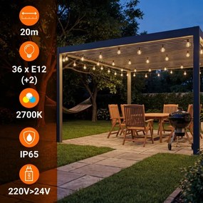 LED Stm kültéri dekorációs fényfüzér 36xE12/1W/24/230V 22,35 m IP65 fekete + távirányító