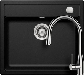 Schock Mono N-100 konyhai mosogatótálca 570 x 510 mm Cristadur Magma, metalizalt fekete és Schock Kavus konyhai csaptelep kihúzható fejjel és szűrőkosár, távműködtető gomb, túlfolyó takaró Inox