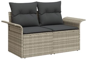 9 részes Kert Kanapé Szett Párnákkal Világosszürke Poly Rattan, 2-személyes Kert Kanapé Tárolóval és Párnákkal Világosszürke Poly Rattan