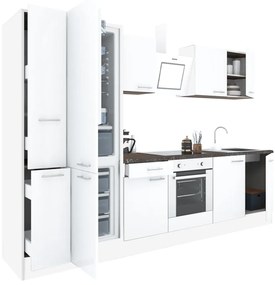 Yorki 300 konyhabútor fehér korpusz,selyemfényű fehér front alsó sütős elemmel alulfagyasztós hűtős szekrénnyel