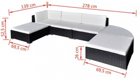 vidaXL 6-részes fekete polyrattan kerti bútorszett párnákkal
