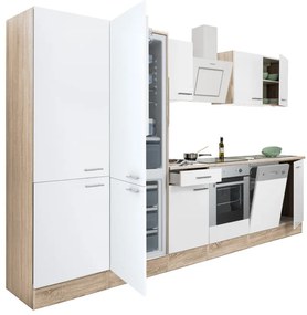 Yorki 340 konyhablokk sonoma tölgy korpusz,selyemfényű fehér front alsó sütős elemmel polcos szekrénnyel és alulfagyasztós hűtős szekrénnyel