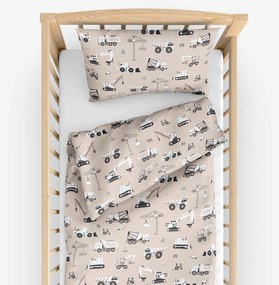 Goldea gyerek pamut ágyneműhuzat kiságyba - teherautók és markolók bézs alapon 90 x 120 és 40 x 60 cm