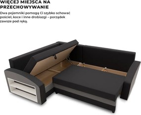 Grande sarokkanapé polcokkal , polc a bal karfaban, baloldali, szövet anyag, bonell töltet, fekete - szürke