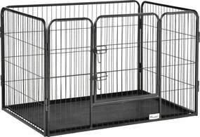 PawHut Téglalap alakú Kiskedvenc Játékkerítés 4 Paneleből Készült Acél 109x74x71 cm-es Dupla Zárral Ellátott Ajtóval és Kivehető Tálcával Kültéri és B