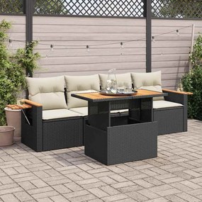 5 részes fekete polyrattan akácfa kerti kanapészett párnákkal
