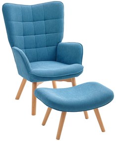 Karfás fotel lábtartóval, relax fotel, kárpitozott, kordbársony hatású, kék