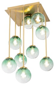 Art Deco mennyezeti lámpa arany zöld üveggel 9-lámpás - Athén