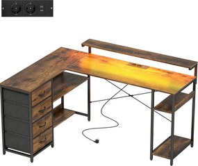 HOMCOM Gamer asztal, LED világítással-konnektorral, 4 fiókkal, monitorállvánnyal, barna