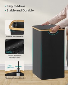 Fedeles, 3 rekeszes mosókosár, 150L, levehető bélés, összecsukható, fekete