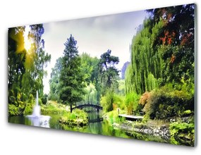 Fali üvegkép Természet sun Forest vízesés 100x50 cm