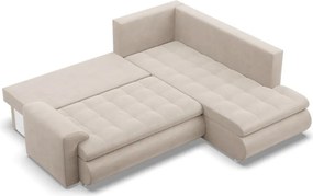 Tokio sarokkanapé, L alakú háttámlával, 2 ágyneműtartóval, bársony, jobboldali, bézs