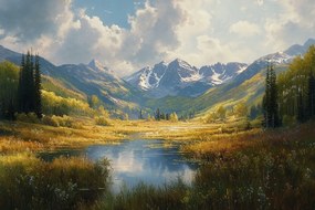 Vászonkép Canvas Hegyek Tó Völgy Panoráma Hó Csúcsok 120 x 80