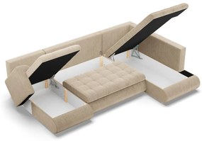 Tokio U sarokkanapé, 3 ágyneműtartóval, kordbársony, jobboldali, bézs