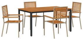5 részes kerti étkező szett Bézs polirattan akáciából, rakásolható kerti székek párnákkal - 2 db Bézs polirattanban, kerti asztal 150x90x75 cm tömör akácia fa és fémből