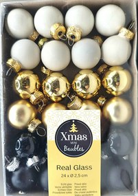 Üveggolyók 24 db Ø 2,5 cm, 8 db fehér, arany és fekete