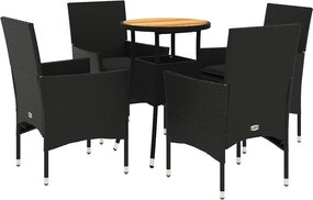 vidaXL 5részes fekete polyrattan/akácfa kerti étkezőgarnitúra párnákkal