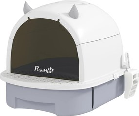 PawHut Zárt Macskaalom Tálca Leszorítós Macskaalom Edény Leszerelhető Fedéllel Leszerelhető Tálcával Szénszűrővel Kanállal és Felső Fogantyúval 40.5x5