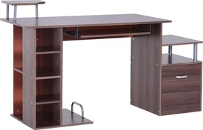HOMCOM Számítógép Íróasztal 120 cm Több Polccal, Fiókkal, Billentyűzet Tárolóval, Monitor és Nyomtató Állványokkal 152x60x88 cm Barna | Aosom