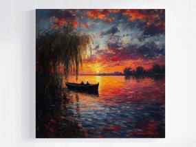 Vászonkép Canvas Tájkép Tó Csónak Halász Naplemente 80x80