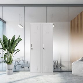 Pléh öltözőszekrény talpazaton, kétmodulos, polccal és köztes fallal KACPER, 800 x 1800 x 500 mm, szürke