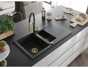 Mexen Matias, gránit mosogató 900x505x200 mm, 1,5 kamrás és Aster mosogató csaptelep, fekete-ezüst metál, 6502-73-73450-57-G
