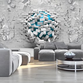 Fotótapéta - 3D kék golyó és fehér téglafal (152,5x104 cm)