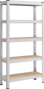 5 szintes polcrendszer, acél polcrendszer tároláshoz, csavarmentes összeszerelés, teherbírás 650 kg, 30 x 75 x 150 cm, ezüst