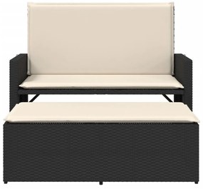 fekete polyrattan kerti pad párnákkal és lábtartóval