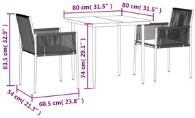 3 részes fekete polyrattan és acél kerti étkezőszett párnákkal