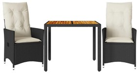 3 részes fekete polyrattan és akácfa bisztrószett párnákkal