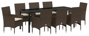 9 Darabos Kerti Étkező Szett Párnákkal Barna Poli Rattan, Kerti Asztal Fekete 200x80x73 cm Edzett Üveg