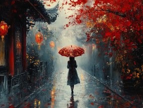 Vászonkép Canvas Nő Esernyő Keleti Utca Őszi Köd 100x75