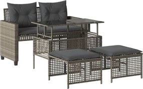vidaXL 4 részes szürke polyrattan üveg kerti ülőgarnitúra párnákkal
