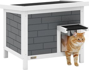 PawHut időjárásálló fa macskaház felnyitható tetővel, hőszigetelt alumínium panelekkel és bitumenes tetővel — 61 x 51 x 53,5 cm (szürke) — Emelt mened