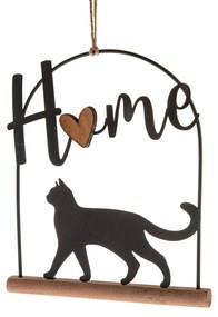 Fém függő dekoráció fa alapon Macska, 16 x 18 cm