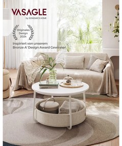 VASAGLE kerek dohányzóasztal tárolóval, matt fehér és kamelbarna színben