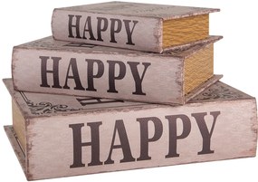 Könyv alakú vintage fa tároló doboz szett 3 részes antik barna Happy together