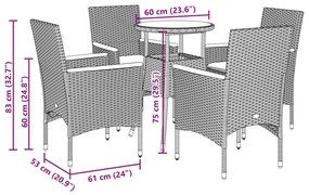 vidaXL 5részes szürke polyrattan/akácfa kerti étkezőgarnitúra párnával