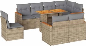 vidaXL 9 részes bézs polyrattan akácfa kerti ülőgarnitúra párnákkal
