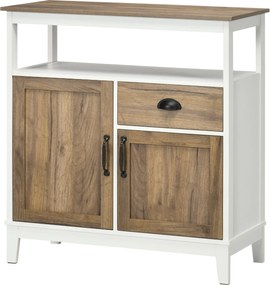 HOMCOM Rusztikus Stílusú Tálaló Szekrény 2 Ajtóval, Fiókkal és Állítható Polccal Étkezőbe, Konyhába, Hálószobába 76.6x35x81.5 cm Barna és Fehér | Aoso