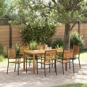 7 részes kert étkező szett fekete polyrattan akáciával, Stackelhető kerti székek párnákkal 2 db fekete polyrattan